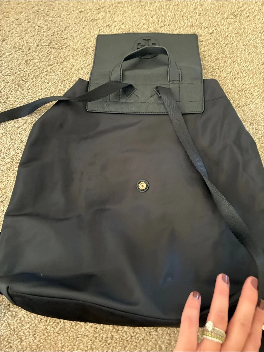 Tory Burch Black Nylon Logo Flap Backpack
